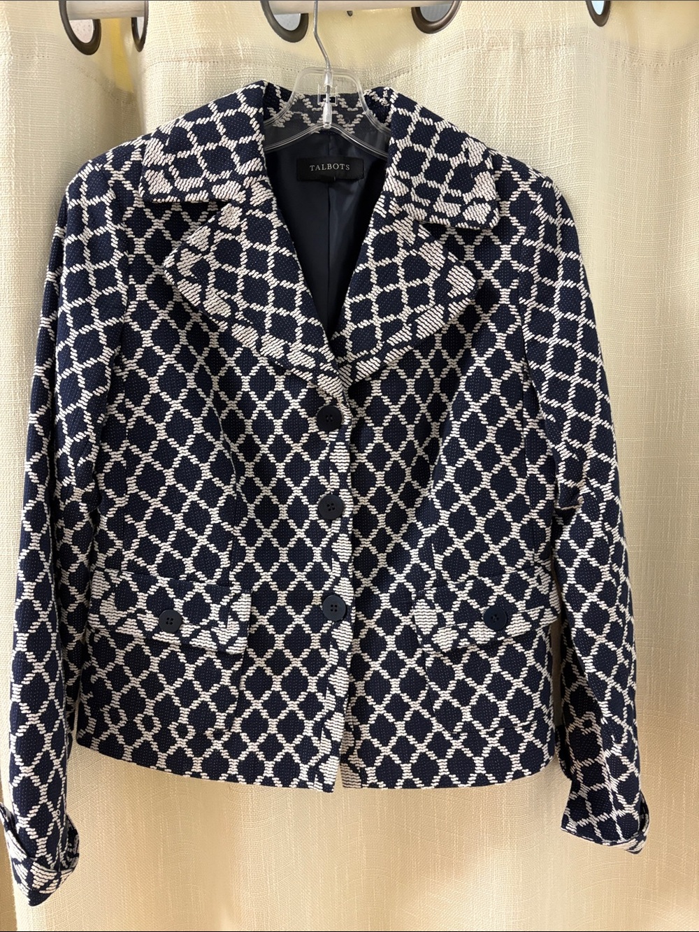 Talbots Navy and White Geometric Cotton-Blend Blazer